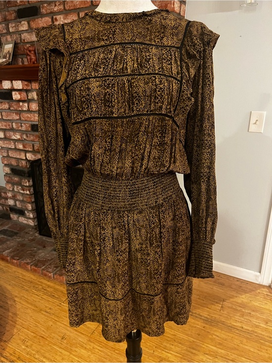 Rails Dresses & Skirts - Rails Olive Brown Snake-Print Long-Sleeve Smocked Waist Dress